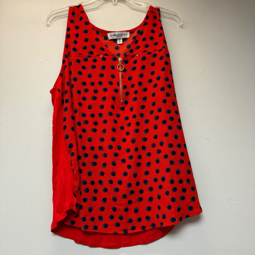 Tempted Hearts Blouse Women 1X Red Excellent Polka Dot Zip Neck Sleeveless Shell